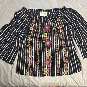 Savanna Jane Black and White Striped Off-Shoulder Top with Floral Embroidery